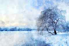 冬天景观湖树霜格式化水彩画