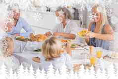复合图像快乐家庭吃感恩节晚餐