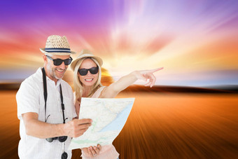 复合图像快乐旅游夫妇地图指出