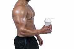 肌肉发达的男人。蛋白质粉