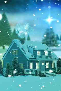 复合图像照亮绿松石房子覆盖雪