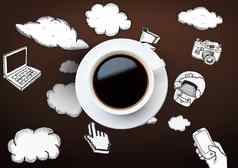 咖啡杯技术图标图纸云棕色（的）背景