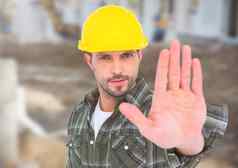 建设工人停止手手势前面建设网站