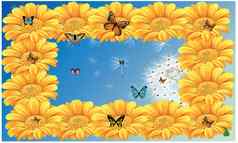 蝴蝶坐着花花蜜天空背景框架