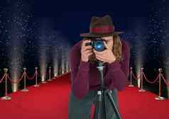 摄影师他采取照片三脚架红色的地毯灯贝希姆德