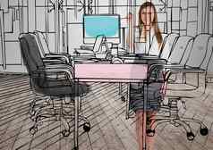 业务年轻的快乐女人画办公室行办公室房间