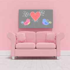 复合图像粉红色的沙发上空白图片框架