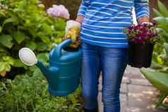 上腹部高级女人持有浇水花能在植物