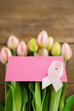 特写镜头粉红色的乳房癌症意识丝带空白卡新鲜的郁金香