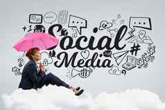 业务女人伞坐着云社会媒体图标白色背景