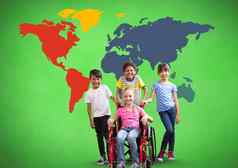 禁用女孩轮椅朋友前面色彩斑斓的世界地图