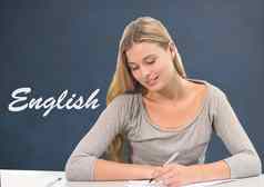学生女孩表格蓝色的黑板上英语文本