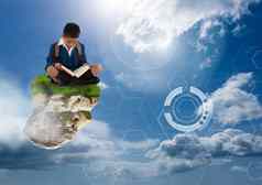年轻的男孩浮动岩石平台天空阅读书未来主义的接口