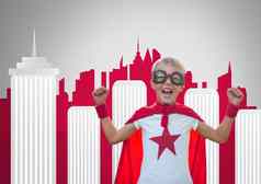 男孩灰色背景超级英雄服装摩天大楼城市天际线