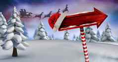 木路标圣诞节冬天景观圣诞老人的雪橇驯鹿的