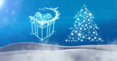 礼物盒子发光的雪花圣诞节树模式形状雪景观