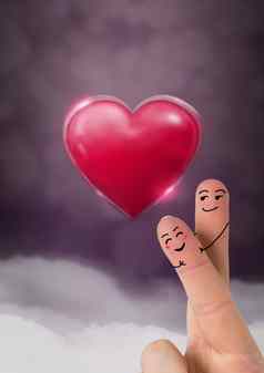 情人节手指爱夫妇闪亮的心发光的紫色的有雾的背景
