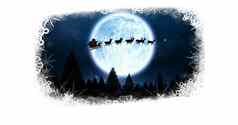圣诞节雪花边境圣诞老人驯鹿雪橇飞行月亮森林