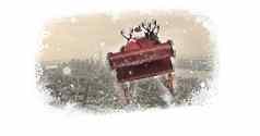 圣诞节雪花边境圣诞老人驯鹿雪橇飞行城市