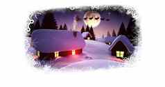 圣诞节雪花边境圣诞老人驯鹿雪橇飞行村月亮