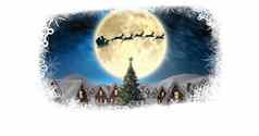 圣诞节雪花边境圣诞老人驯鹿雪橇飞行小镇月亮