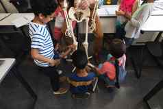 高角视图学生们学习解剖学人类骨架教室