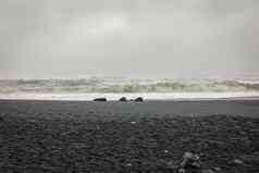 trysfjara海滩trysdrangar巨大的波打海滩狂风暴雨的天气重降雨