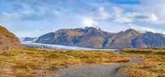 瓦特纳霍库尔冰川冰岛徒步旅行路径领先的秋天彩色的景观冰川湖