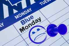 关闭日历蓝色的周一蓝色的黑色的文本伤心脸蓝色的销