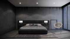 室内黑色的卧室现代阁楼风格呈现背景