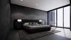 黑色的卧室概念现代阁楼室内设计呈现背景