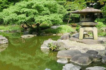 日本户外石头灯笼绿色植物Zen花园