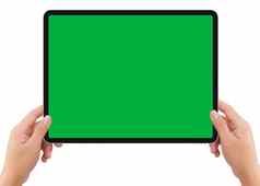 孤立的人类左手持有黑色的平板电脑绿色屏幕