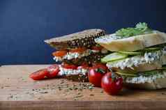 健康的素食者三明治奶酪黄瓜番茄提出了木董事会番茄美味的街食物新鲜的蔬菜
