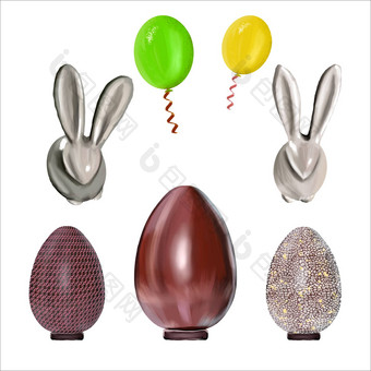 陶瓷复活节兔子气球复活节鸡蛋集孤立的白色背景