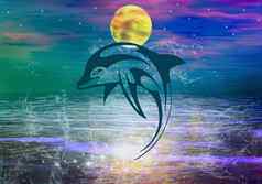 海豚跳跃背景月亮