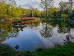色彩斑斓的景观日本花园弗罗茨瓦夫反映湖
