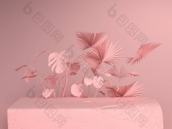 粉红色的柔和的背景石头板植物呈现插图