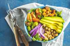 健康的食物健康的素食主义者午餐碗炸甜蜜的土豆