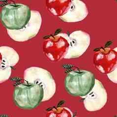 手画无缝的模式绿色红色的苹果片苹果