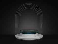 呈现白色大理石银基座孤立的黑色的背景纪念董事会油缸步骤摘要最小的概念空白空间清洁设计奢侈品极简主义模型