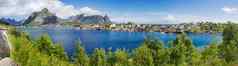 美丽的斯堪的那维亚景观山峡湾全景视图纯洁村罗弗敦群岛岛屿挪威