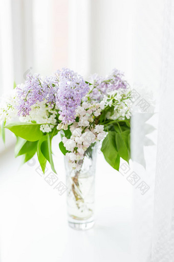 淡紫色花玻璃花瓶窗口窗台上自然<strong>春天背景</strong>白色紫罗兰色的花