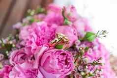 金婚礼环新娘花束粉红色的淡紫色玫瑰传统的花作文婚礼仪式