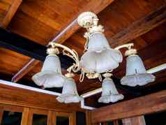 美丽的古董室内背景点燃复古的吊灯挂木天花板