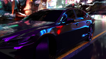 现代车城市街晚上电脑生成的赛博朋克作文呈现电子游戏背景