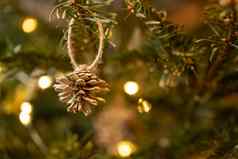 浪费圣诞节概念圣诞节树装饰装饰自然材料圣诞节灯特写镜头