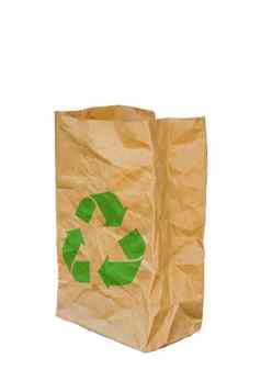 弄皱的棕色（的）纸袋打开绿色回收标志孤立的