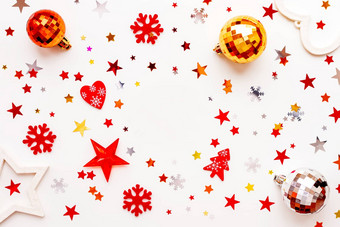 圣诞节一年假期背景装饰清晰的轮背景中心闪亮的球感觉雪花明星五彩纸屑平躺前视图