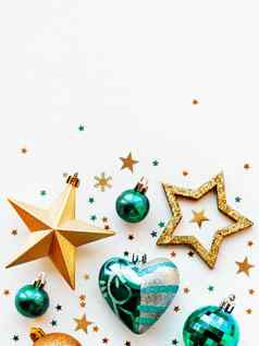 圣诞节一年背景装饰形状的圆金蓝色的球星星五彩纸屑心